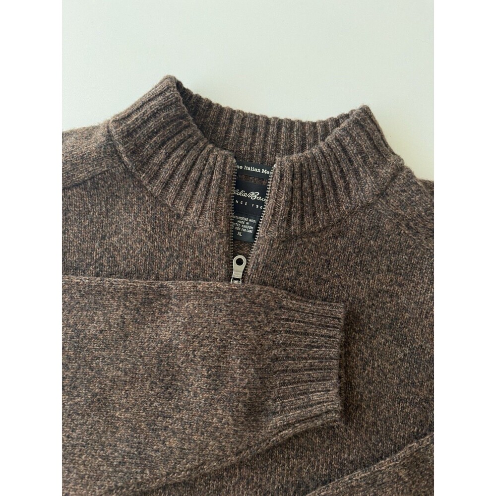 Eddie Bauer Sweater Mens XL 100% Merino Wool 1/4 Zip Mock Neck Knit Brown